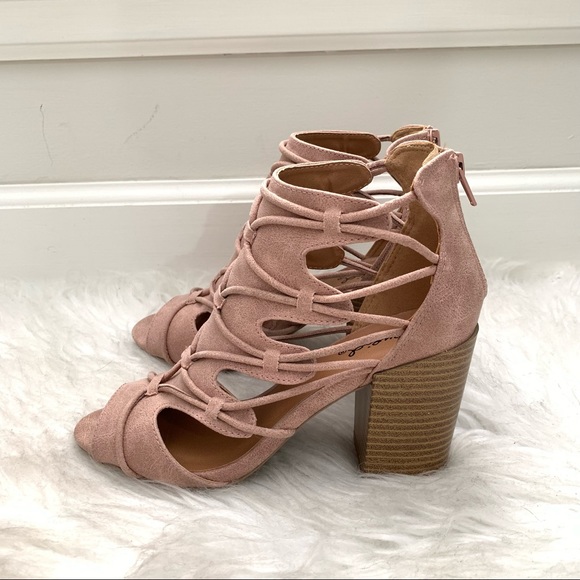 Qupid Clyde Cut Out Strappy Blush Pink Peep Toe Block Heel Booties - Picture 9 of 12